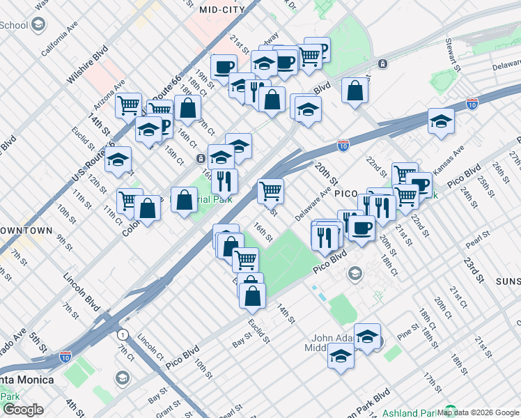 map of restaurants, bars, coffee shops, grocery stores, and more near 1629 Michigan Avenue in Santa Monica