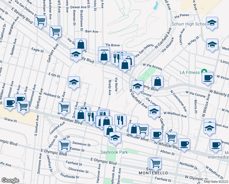map of restaurants, bars, coffee shops, grocery stores, and more near 630 South Brady Avenue in East Los Angeles