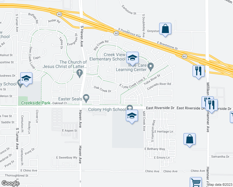 map of restaurants, bars, coffee shops, grocery stores, and more near 3663 Country Oaks Loop in Ontario