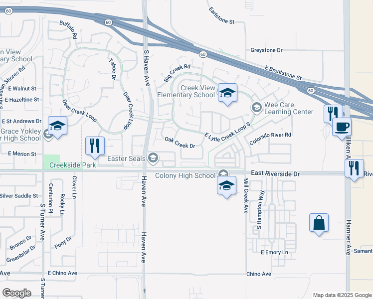 map of restaurants, bars, coffee shops, grocery stores, and more near 3669A Country Oaks Loop in Ontario