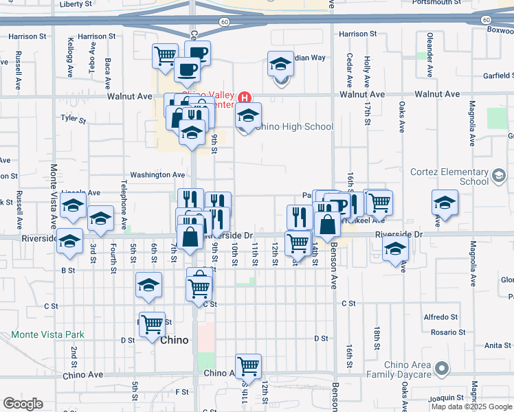 map of restaurants, bars, coffee shops, grocery stores, and more near 11 Th Street in Chino
