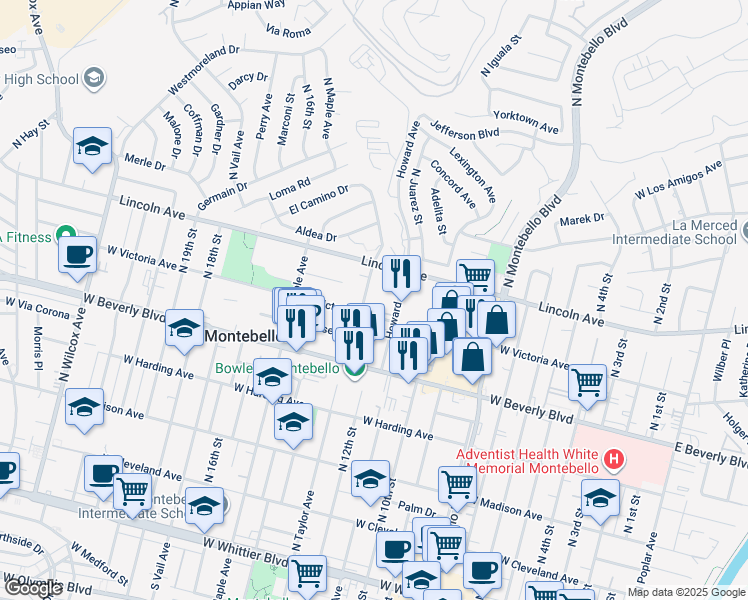 map of restaurants, bars, coffee shops, grocery stores, and more near 1200 West Victoria Avenue in Montebello