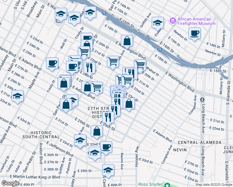 map of restaurants, bars, coffee shops, grocery stores, and more near 1008 East 25th Street in Los Angeles