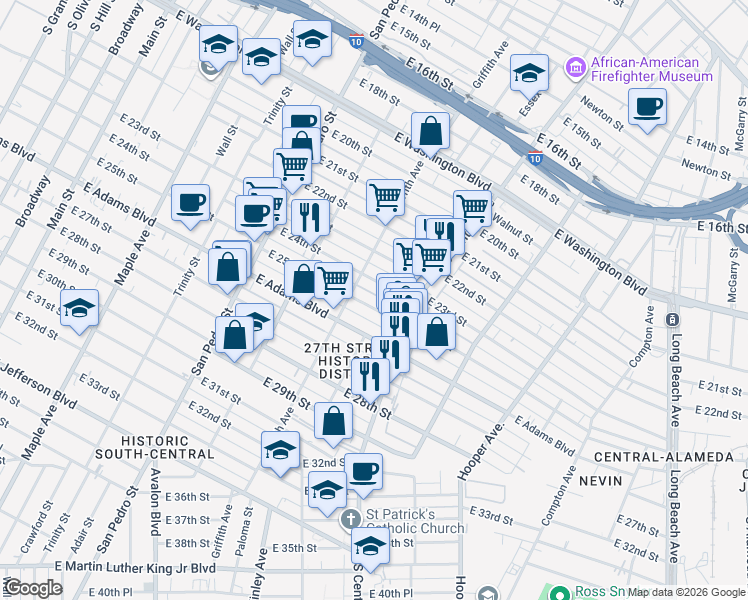 map of restaurants, bars, coffee shops, grocery stores, and more near 1008 East 25th Street in Los Angeles