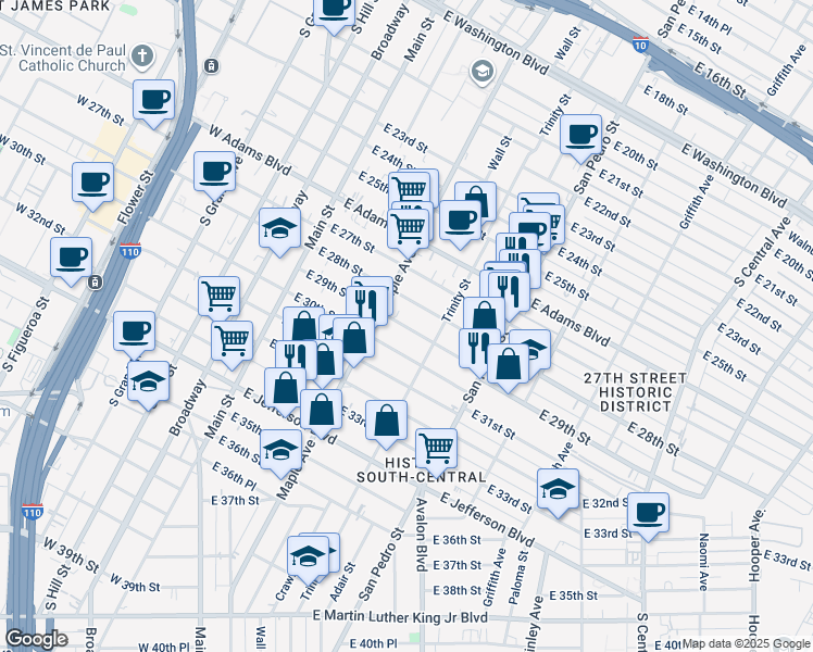 map of restaurants, bars, coffee shops, grocery stores, and more near 441 East 30th Street in Los Angeles