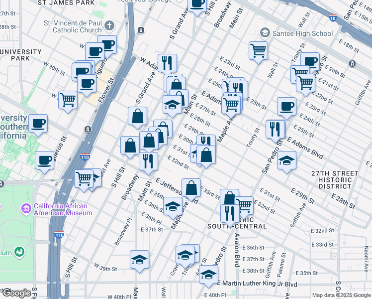 map of restaurants, bars, coffee shops, grocery stores, and more near 232 East 31st Street in Los Angeles