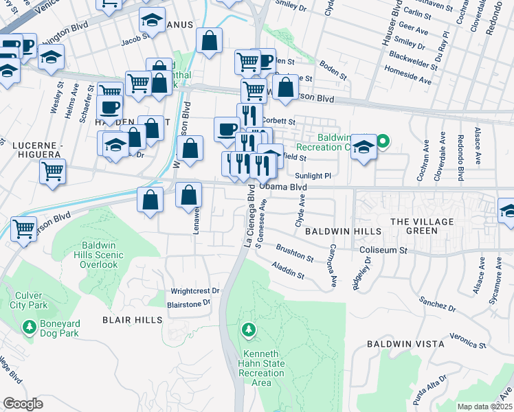 map of restaurants, bars, coffee shops, grocery stores, and more near 3709 South Genesee Avenue in Los Angeles