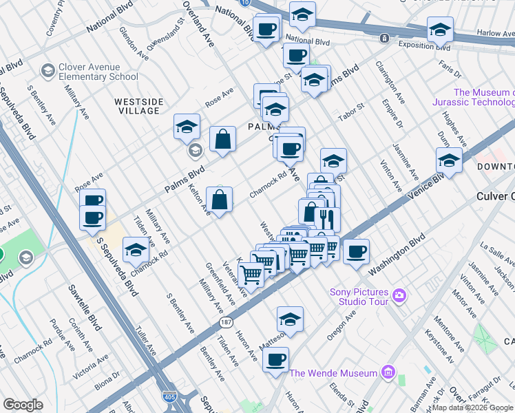 map of restaurants, bars, coffee shops, grocery stores, and more near 3652 Westwood Boulevard in Los Angeles
