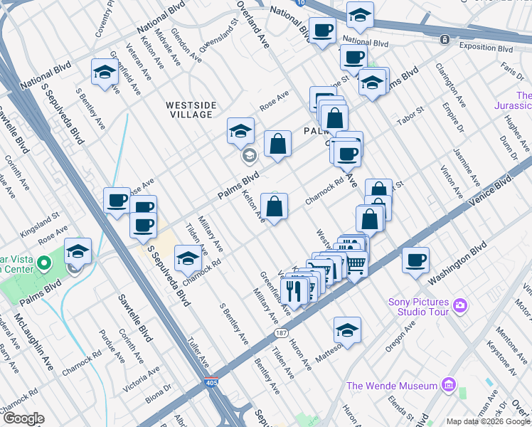 map of restaurants, bars, coffee shops, grocery stores, and more near 3600 Kelton Avenue in Los Angeles