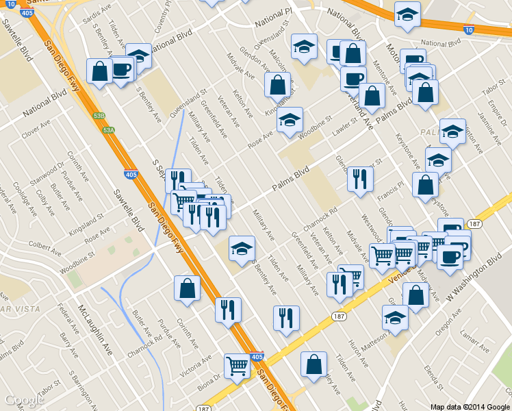 map of restaurants, bars, coffee shops, grocery stores, and more near 3523 Military Avenue in Los Angeles