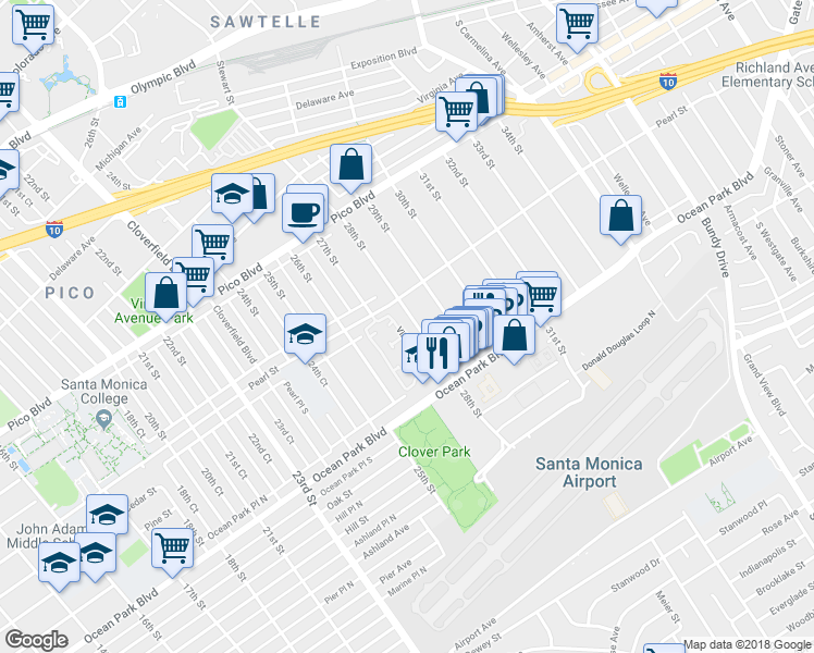 map of restaurants, bars, coffee shops, grocery stores, and more near 17 Village Parkway in Santa Monica