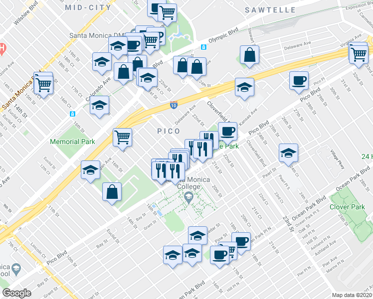 map of restaurants, bars, coffee shops, grocery stores, and more near 2029 20th Street in Santa Monica