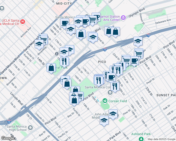 map of restaurants, bars, coffee shops, grocery stores, and more near 1123 17th Court in Santa Monica