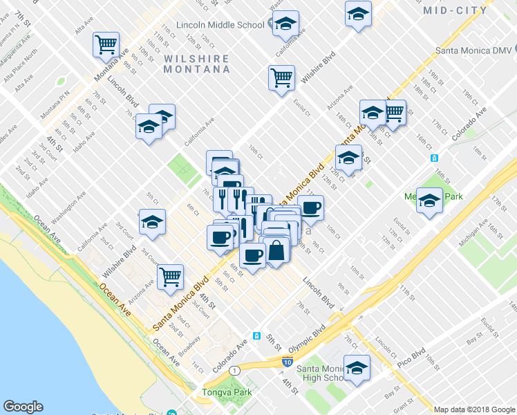 map of restaurants, bars, coffee shops, grocery stores, and more near in Santa Monica