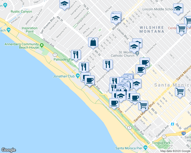 map of restaurants, bars, coffee shops, grocery stores, and more near 951 Ocean Avenue in Santa Monica