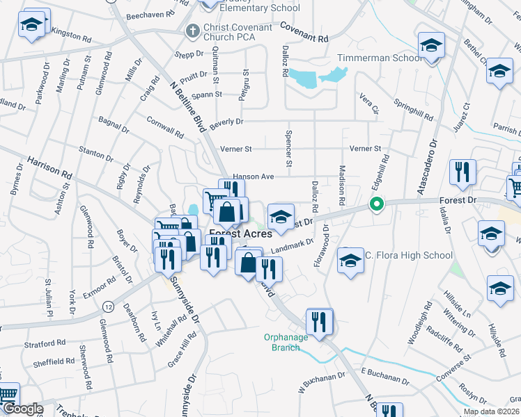 map of restaurants, bars, coffee shops, grocery stores, and more near 117 Walden Court in Columbia
