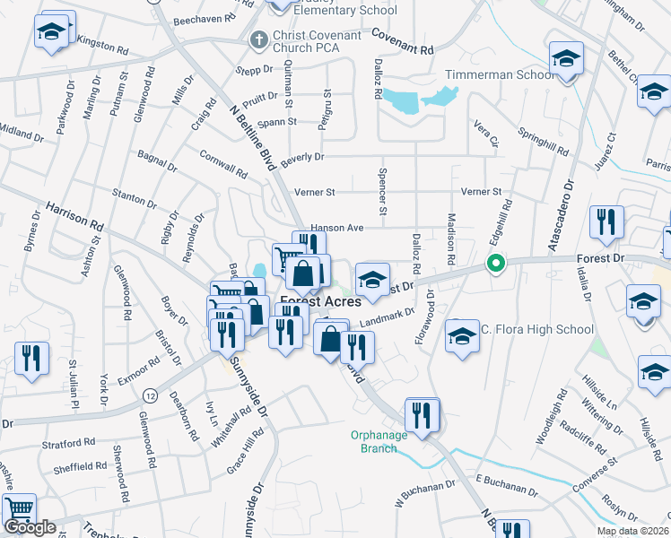 map of restaurants, bars, coffee shops, grocery stores, and more near in Forest Acres