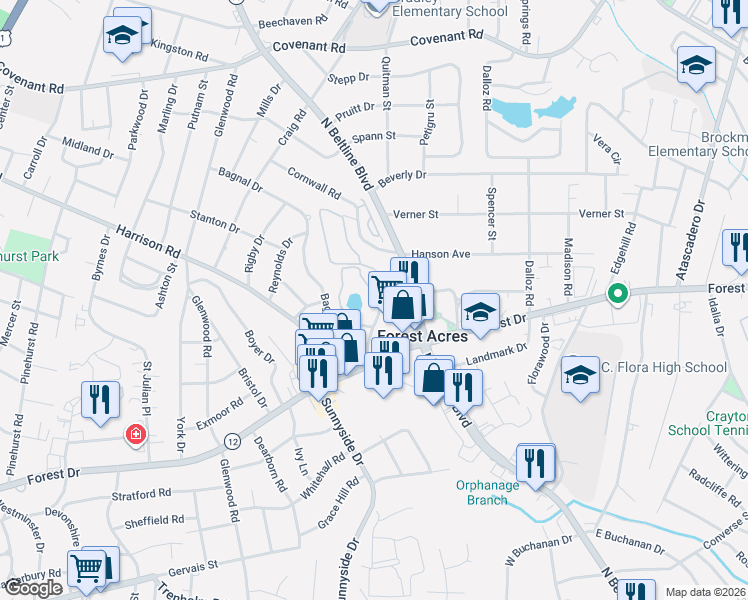 map of restaurants, bars, coffee shops, grocery stores, and more near 38 Carillon Court in Columbia