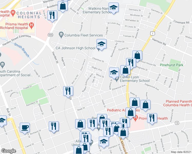 map of restaurants, bars, coffee shops, grocery stores, and more near 2310 Bolden Circle in Columbia