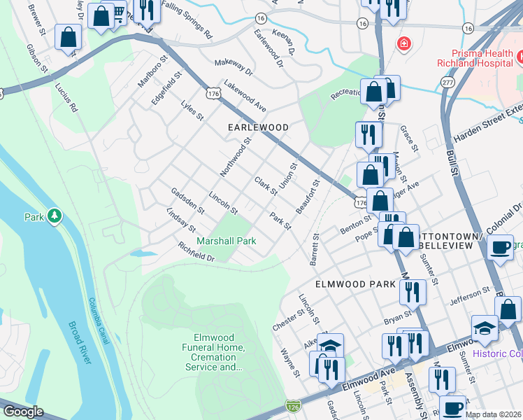 map of restaurants, bars, coffee shops, grocery stores, and more near 2828 Lincoln Street in Columbia