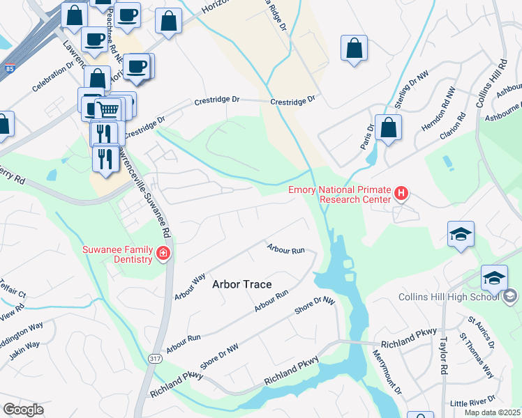 map of restaurants, bars, coffee shops, grocery stores, and more near 2598 Falcon Nest Court in Suwanee