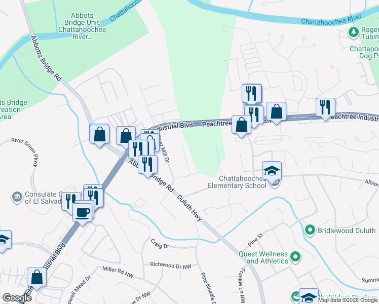 map of restaurants, bars, coffee shops, grocery stores, and more near 4185 River Shoals Court in Duluth