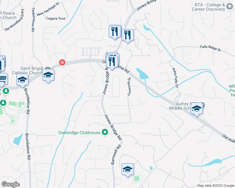 map of restaurants, bars, coffee shops, grocery stores, and more near 9843 Talisman Drive in Alpharetta