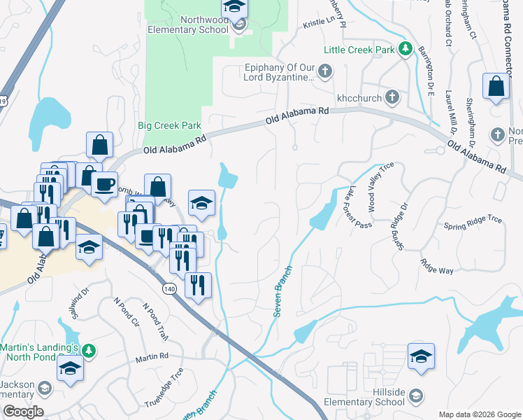 map of restaurants, bars, coffee shops, grocery stores, and more near 1375 Terramont Drive in Roswell