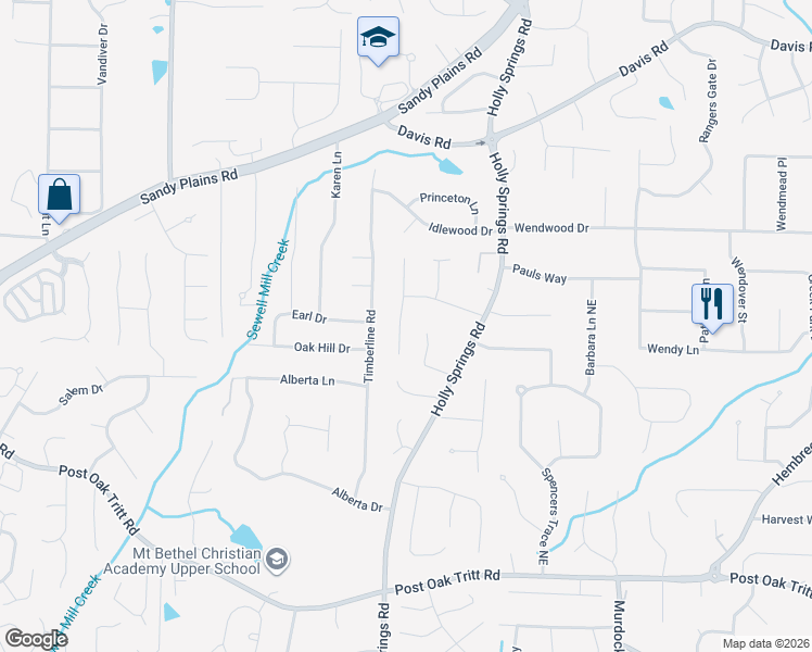 map of restaurants, bars, coffee shops, grocery stores, and more near 2925 Holly Pointe Court in Marietta