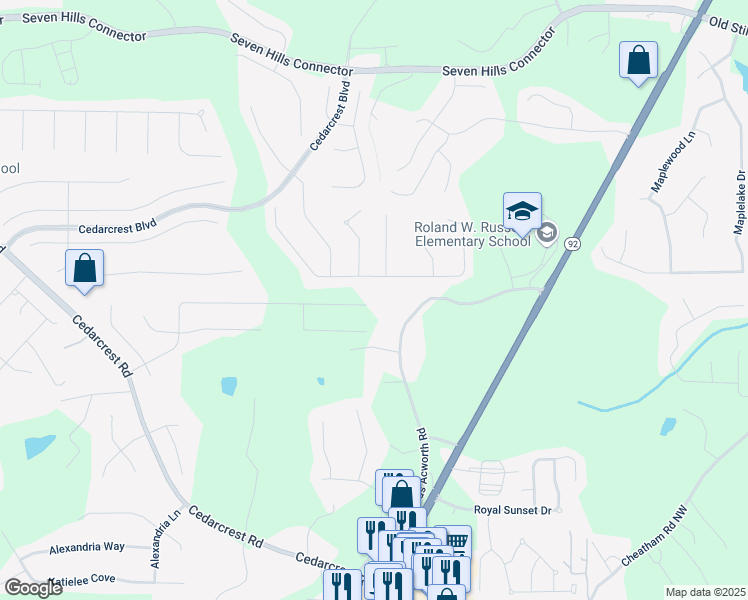 map of restaurants, bars, coffee shops, grocery stores, and more near 691 Old Dallas Acworth Road in Dallas