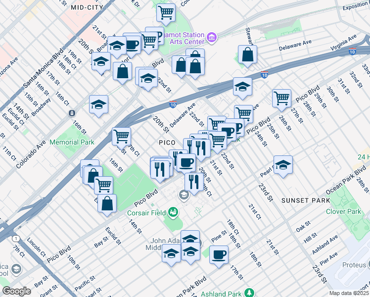 map of restaurants, bars, coffee shops, grocery stores, and more near 2029 20th Street in Santa Monica