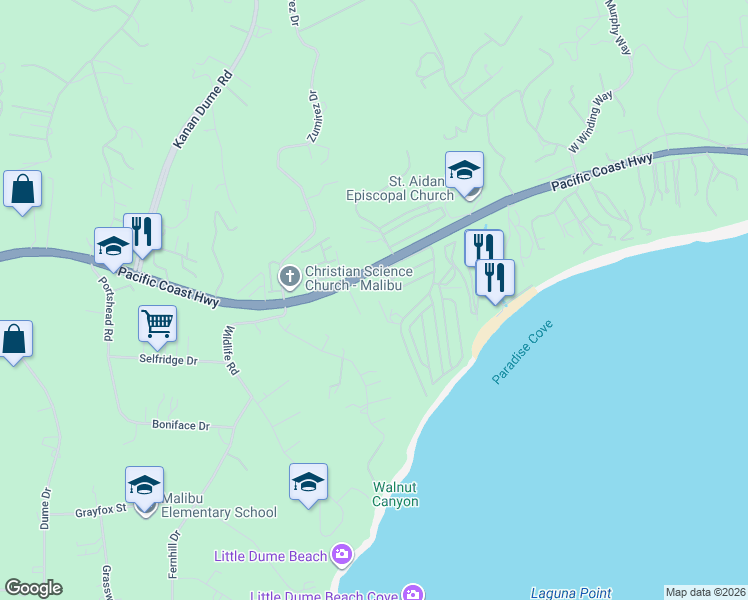map of restaurants, bars, coffee shops, grocery stores, and more near 6530 Zuma View Place in Malibu