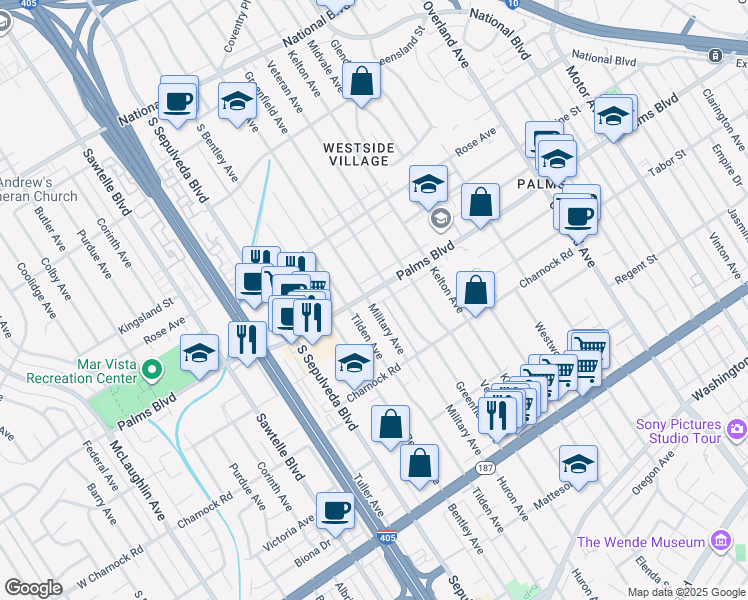 map of restaurants, bars, coffee shops, grocery stores, and more near 10980 Palms Boulevard in Los Angeles