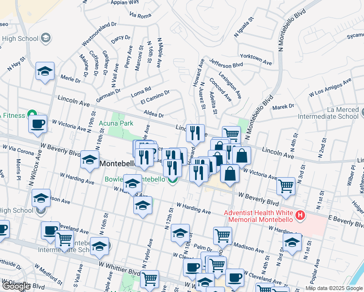 map of restaurants, bars, coffee shops, grocery stores, and more near in Montebello