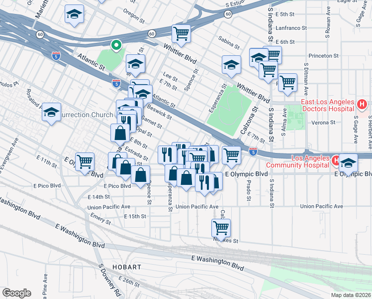map of restaurants, bars, coffee shops, grocery stores, and more near 3573 East 8th Street in Los Angeles