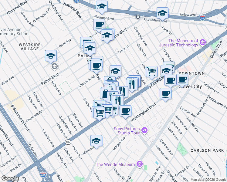 map of restaurants, bars, coffee shops, grocery stores, and more near 3761 Keystone Avenue in Los Angeles