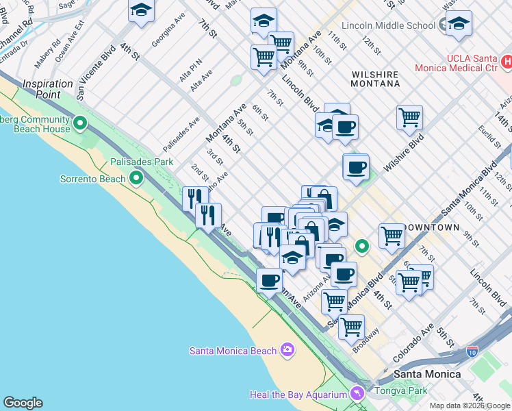 map of restaurants, bars, coffee shops, grocery stores, and more near 1017 2nd Street in Santa Monica