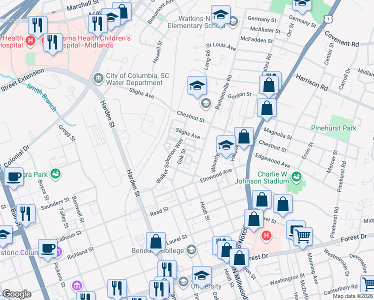 map of restaurants, bars, coffee shops, grocery stores, and more near 2310 Bolden Circle in Columbia