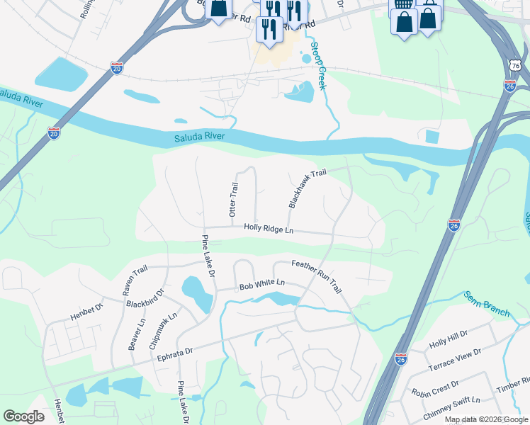 map of restaurants, bars, coffee shops, grocery stores, and more near 100 Woodcock Trail in West Columbia