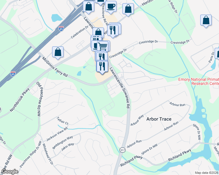 map of restaurants, bars, coffee shops, grocery stores, and more near 2566 Lawrenceville Suwanee Rd in Suwanee