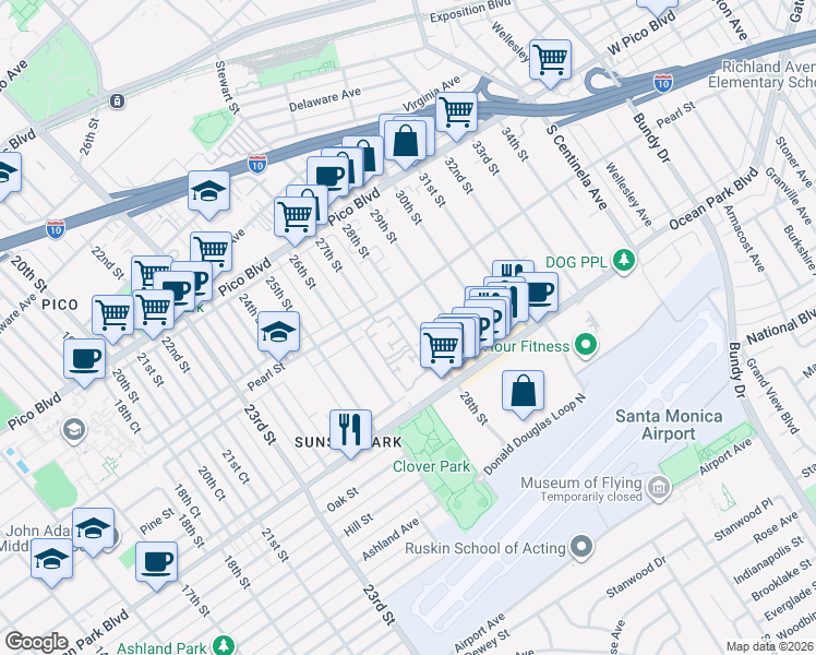 map of restaurants, bars, coffee shops, grocery stores, and more near 17 Village Parkway in Santa Monica