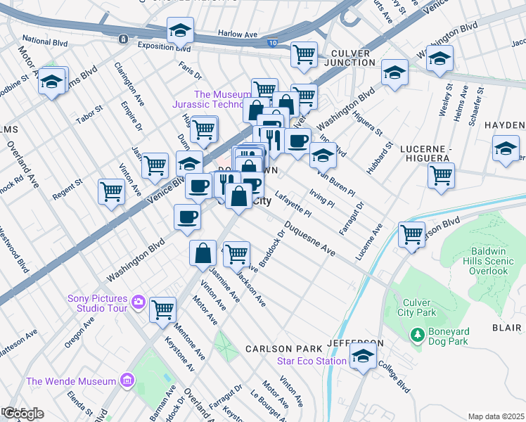 map of restaurants, bars, coffee shops, grocery stores, and more near 4029 Duquesne Avenue in Culver City