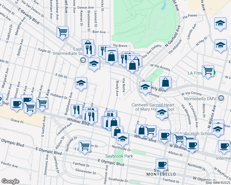 map of restaurants, bars, coffee shops, grocery stores, and more near 413 Brady Avenue in Montebello