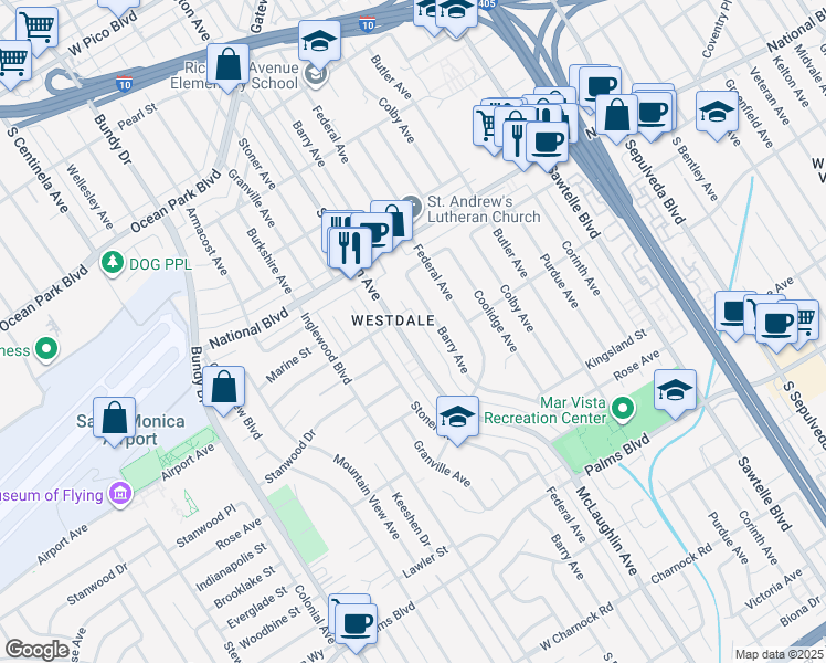 map of restaurants, bars, coffee shops, grocery stores, and more near 3152 South Barrington Avenue in Los Angeles