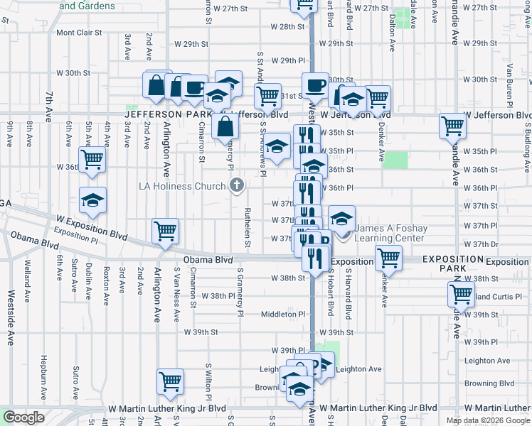 map of restaurants, bars, coffee shops, grocery stores, and more near 3714 South Saint Andrews Place in Los Angeles