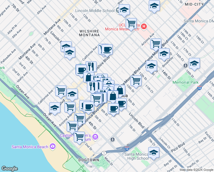 map of restaurants, bars, coffee shops, grocery stores, and more near 1315 Lincoln Boulevard in Santa Monica