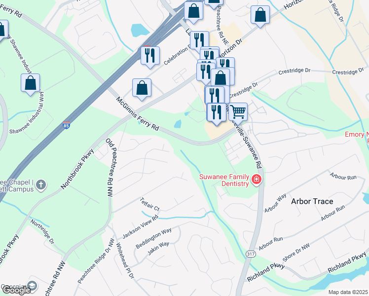 map of restaurants, bars, coffee shops, grocery stores, and more near 2730 McGinnis Ferry Road in Suwanee
