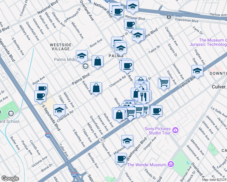 map of restaurants, bars, coffee shops, grocery stores, and more near 3624 Westwood Boulevard in Los Angeles