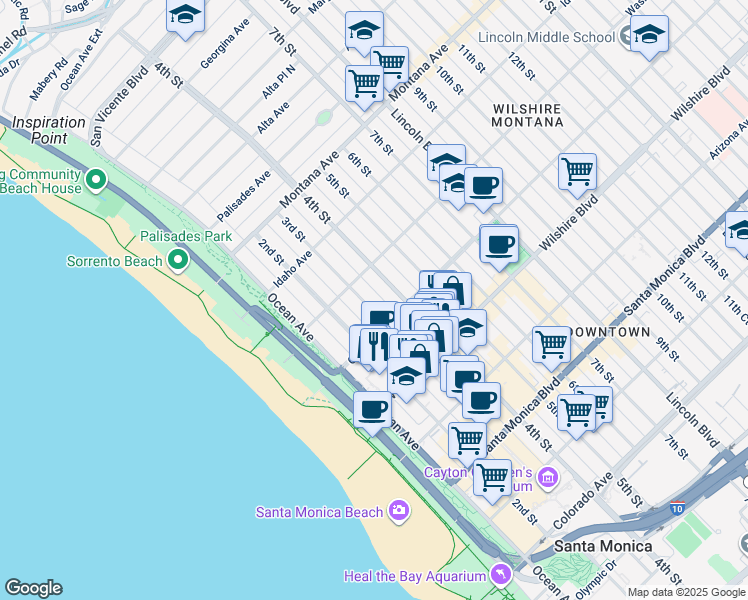 map of restaurants, bars, coffee shops, grocery stores, and more near 1033 3rd Street in Santa Monica