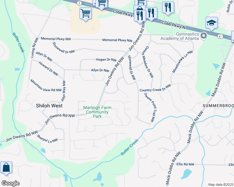 map of restaurants, bars, coffee shops, grocery stores, and more near 3565 Creek Mill Drive Northwest in Kennesaw